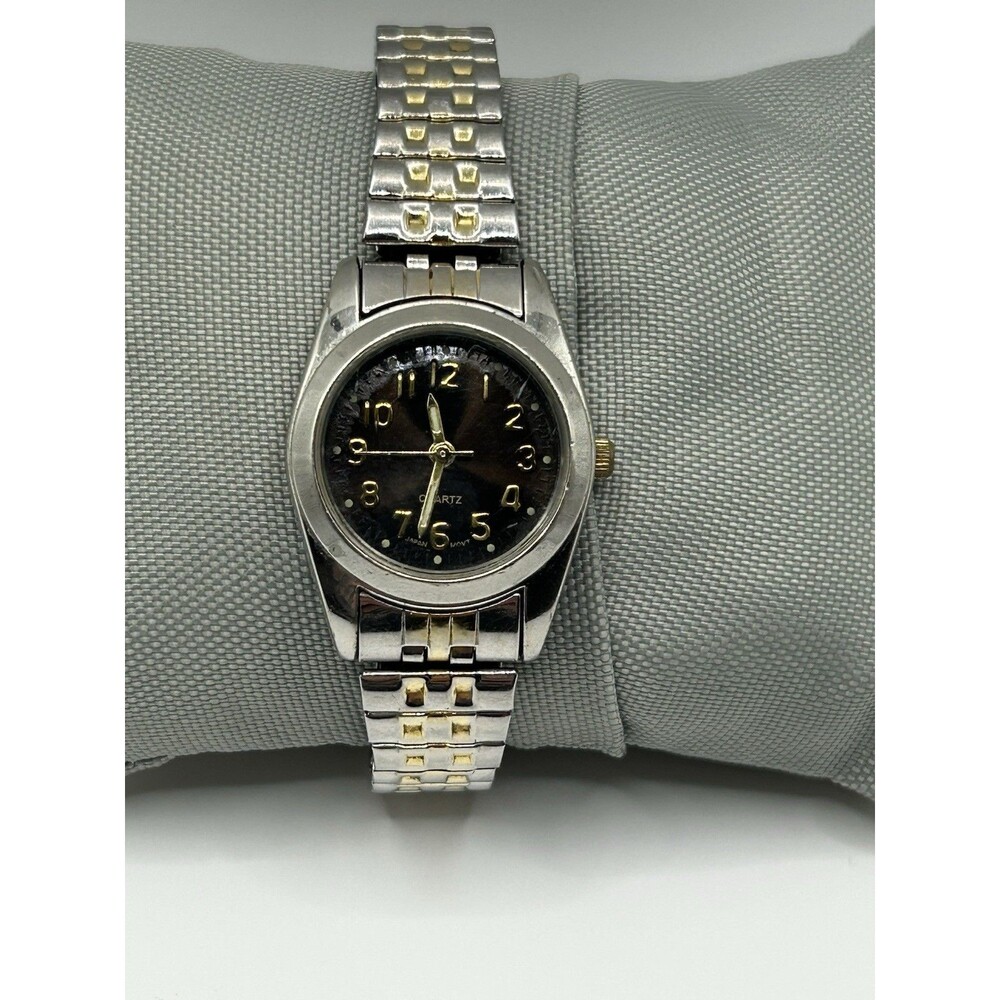 Vintage Quartz Watch Black Dial Gold Tone Numbers Two Tone Expansion Band